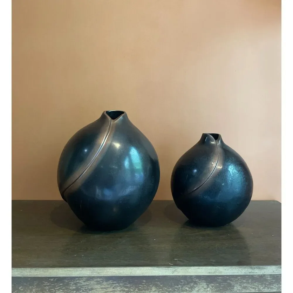 Handcrafted Metal Vase 2 | Black Sculptural Round Vases | Modern Home Decor
